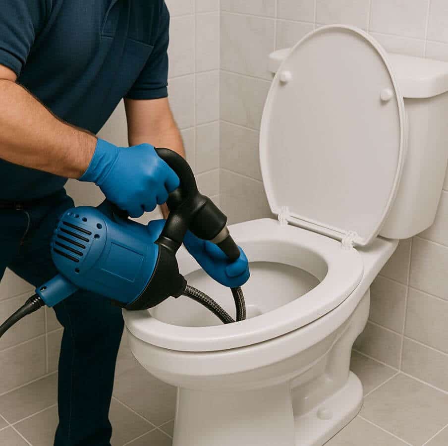 Profissional executando desentupimento de vaso sanitário com equipamento adequado